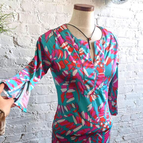Groovy Vibrant Psychedelic Dress 70s Retro Teal & Pink Beachy Summer Shift Dress - Picture 2 of 8